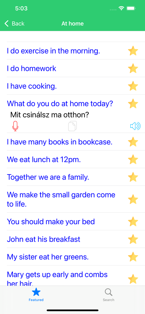 Learn Hungarian Premium - Pantalla de la aplicación Aprende Húngaro Premium que muestra frases de inglés a húngaro para actividades del hogar.