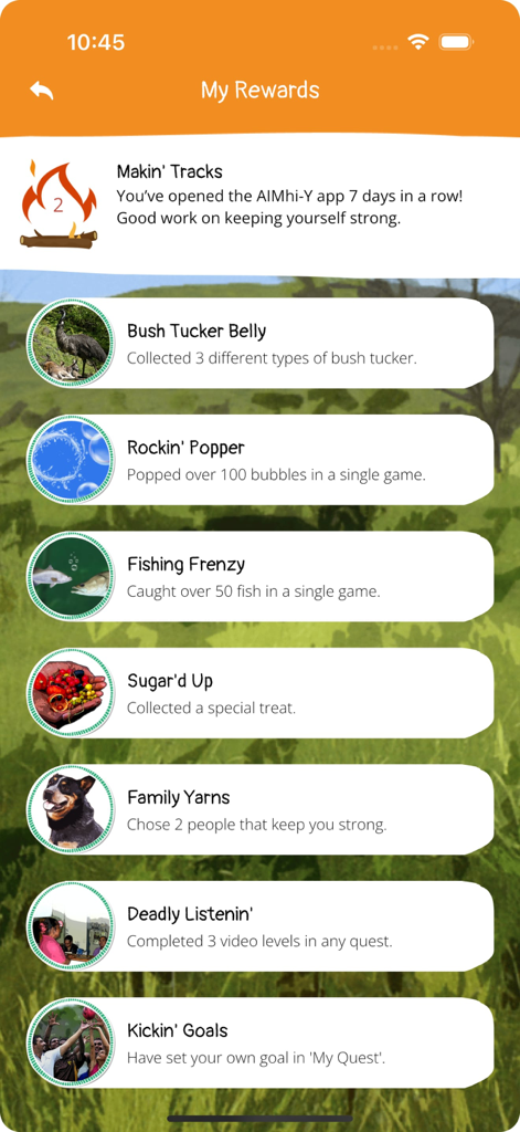 Eine Liste gamifizierter Belohnungen in der AIMhi-Y-App, die verschiedene Errungenschaften für Wohlbefinden-Aktivitäten zeigt