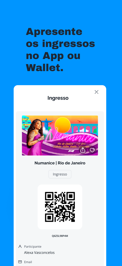Entrada digital para un evento en Río de Janeiro con un código QR mostrado en la aplicación Sympla