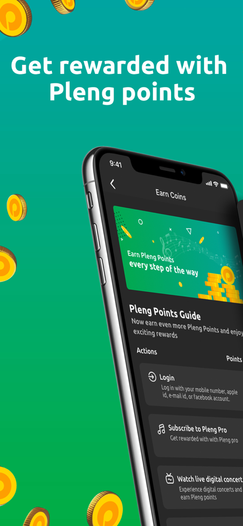 Pleng app screen showing how users can earn points by logging in and subscribing to Pleng Pro