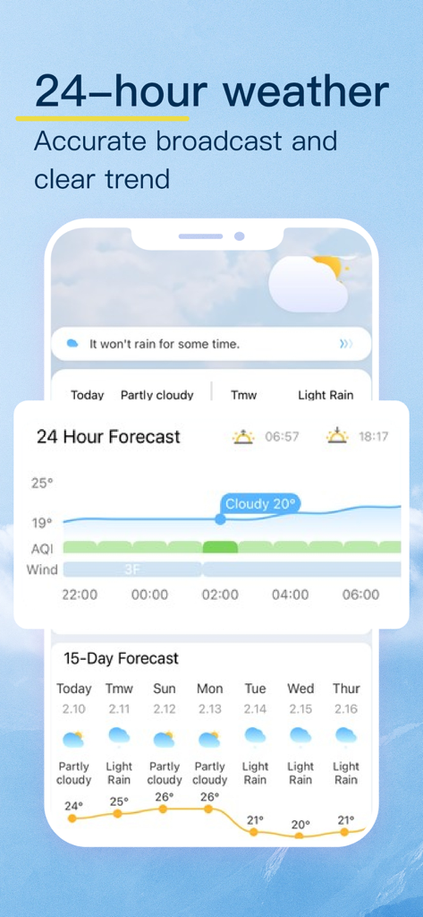 Weather - Storm Tracker Alert - Interfaz de la aplicación Weather - Storm Tracker Alert que muestra un gráfico detallado de temperatura de 24 horas y una perspectiva de pronóstico de 15 días