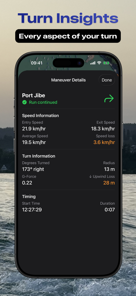 Foil, Wing, Surf - FoilMotion - FoilMotion app screenshot displaying detailed turn insights and maneuver metrics for a port jibe