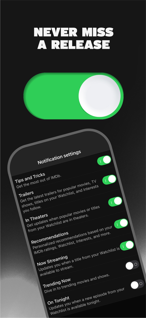 IMDb app notification settings screen showing personalized alerts for movie releases, trailers, and streaming updates.