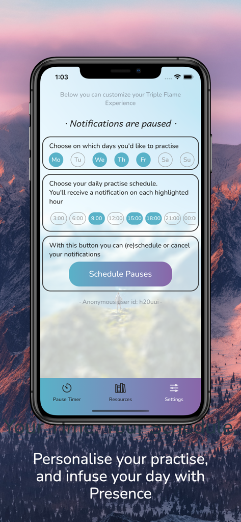 Triple Flame App-Oberfläche zur Anpassung der täglichen Übungstage und Benachrichtigungszeiten