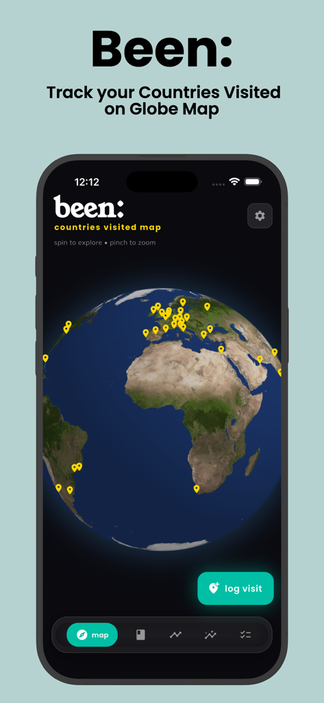 been: My Countries Visited Map - Been app interface showing a 3D globe with yellow markers pinpointing visited countries