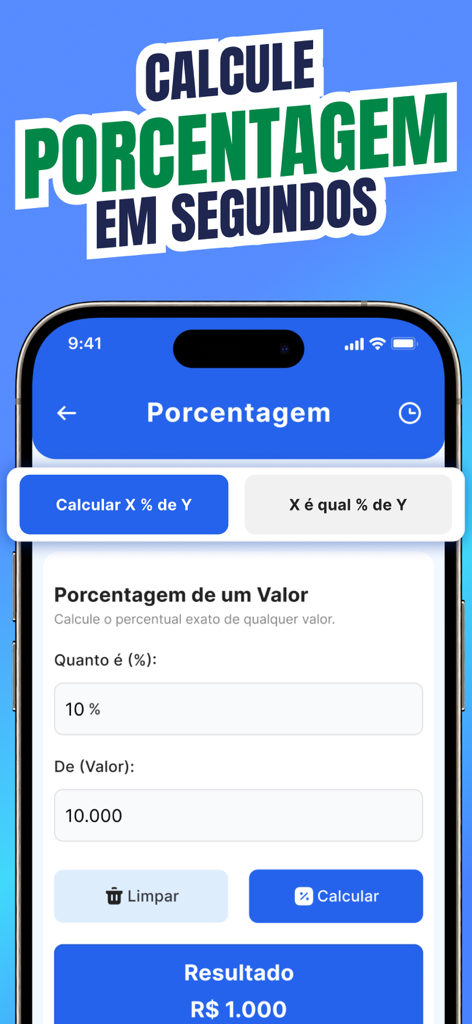 Interface do aplicativo de calculadora de porcentagem para calculos financeiros