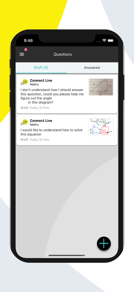 Studiosity - Screenshot of the Studiosity mobile app interface showing a list of draft academic questions with attached images for study help