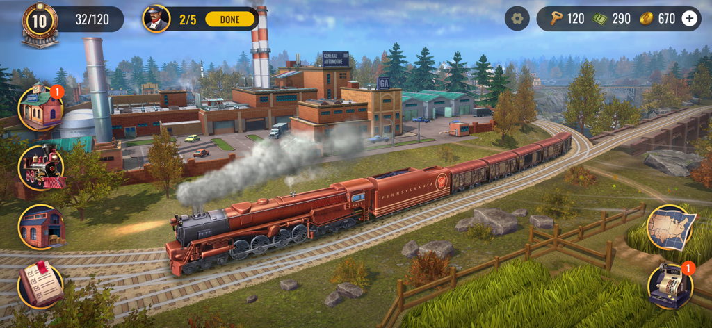 Railroad Empire: Train Game - Une locomotive à vapeur rouge de Pennsylvanie tirant des wagons de marchandises devant une usine industrielle dans Railroad Empire Train Game.
