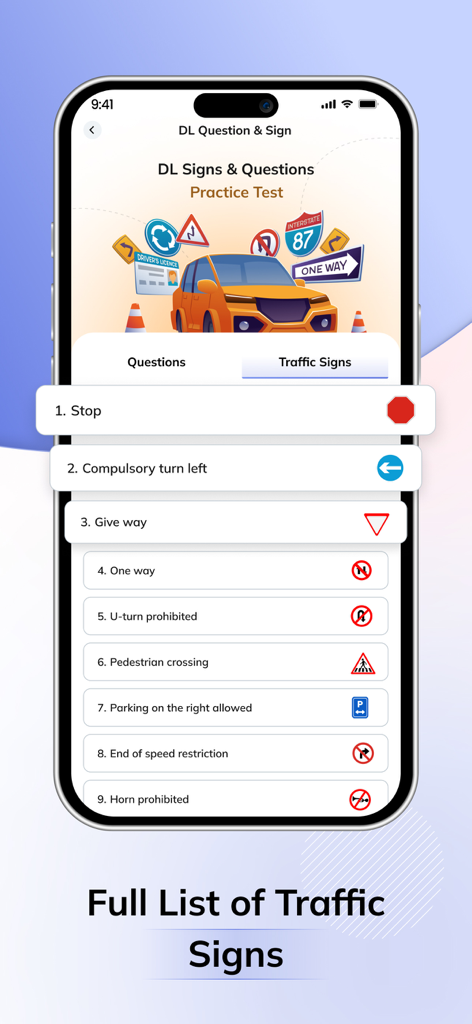 Tela do aplicativo móvel exibindo uma lista de sinais de trânsito e seus significados para preparação do teste de carteira de motorista.