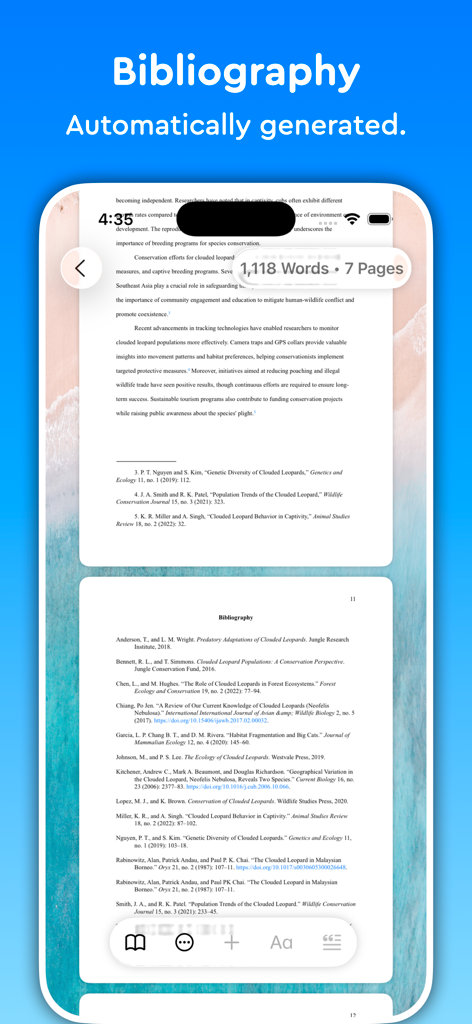 Essayist: Academic Writing App - A screenshot of the Essayist app on an iPhone showing a formatted bibliography page that was automatically generated for an academic paper.