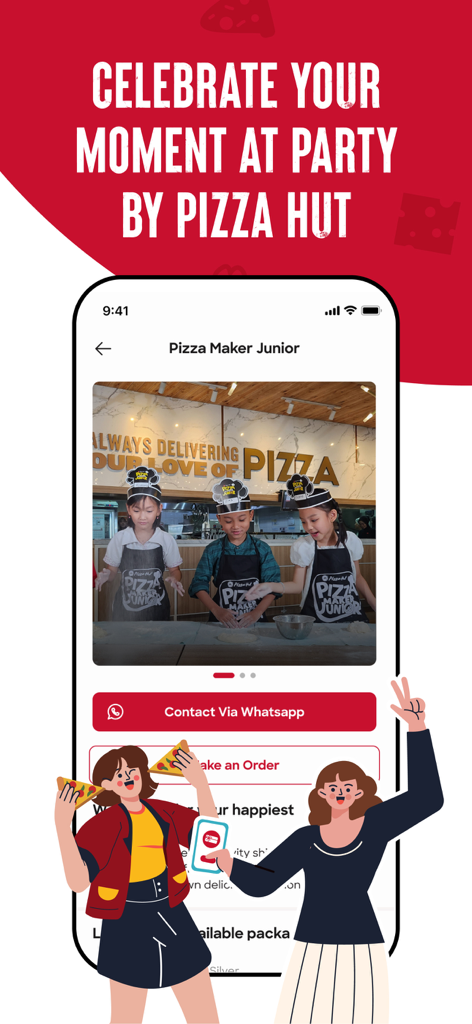 Écran de l'application Pizza Hut Indonesia pour réserver une fête Pizza Maker Junior avec des enfants préparant des pizzas.