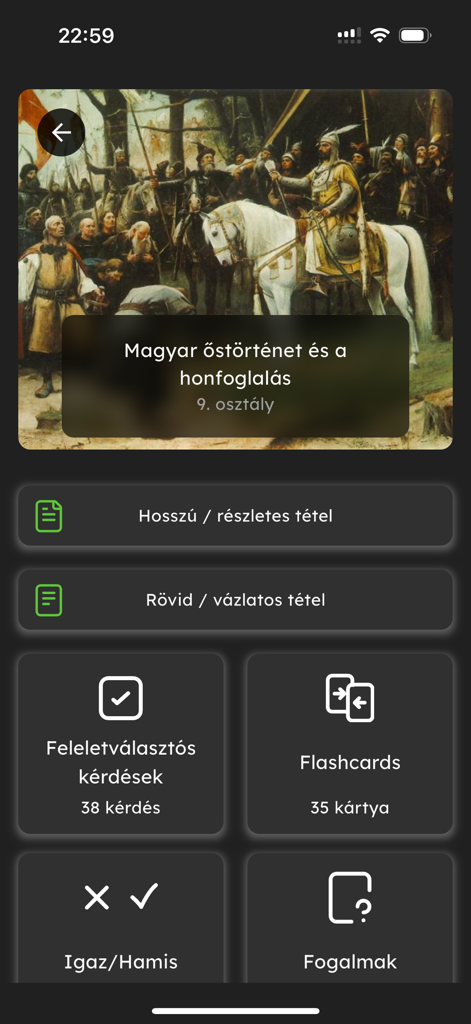 Pantalla de la aplicación Easy Study que muestra opciones de estudio para una lección de historia, incluyendo cuestionarios, tarjetas de memoria y temas detallados