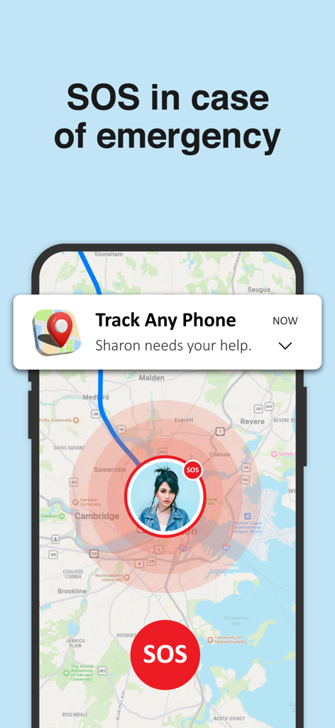 Phone Tracker: Family Locator - SOS緊急アラート通知と地図上の家族の位置を表示するモバイルアプリインターフェース
