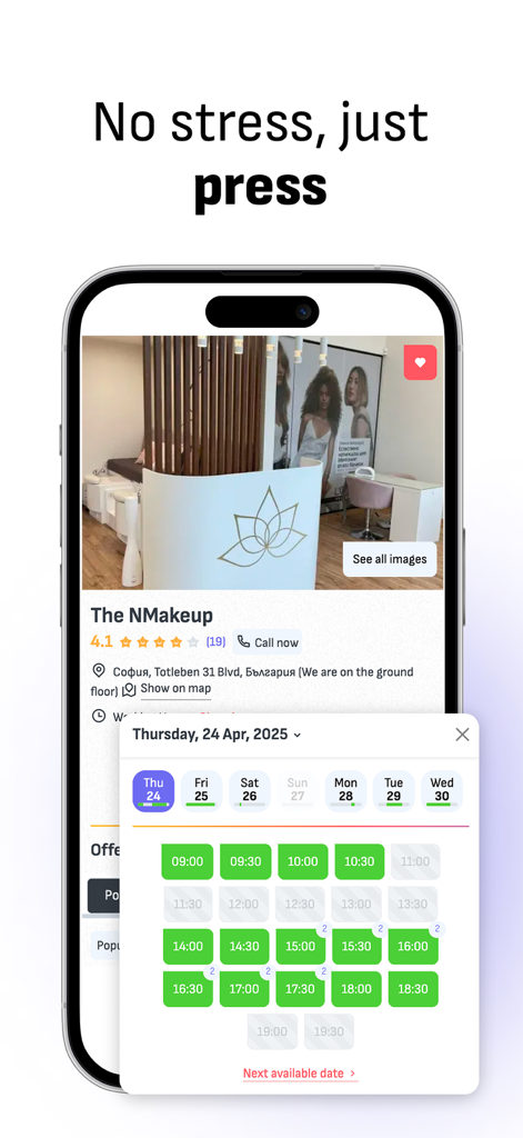 Reservation.Studio - Smartphone screen showing the Reservation Studio app interface with available booking slots for a beauty salon.
