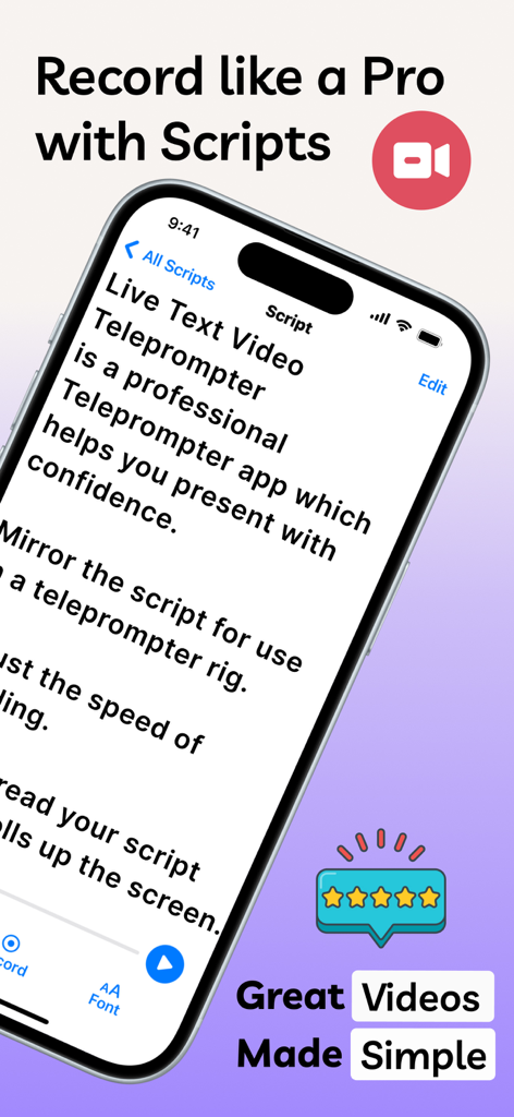 Floating Notes Teleprompter - Uno smartphone che mostra l'interfaccia dello script del Teleprompter Note Fluttuanti con un badge di valutazione a cinque stelle.