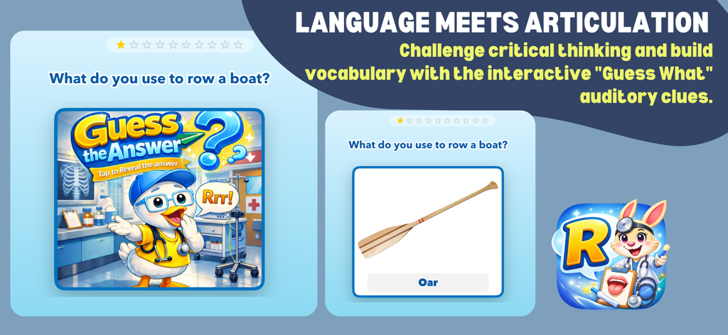 The Guess What game interface in the R Intensive Pro app showcasing an interactive auditory clue for the word oar and a duck character in a medical setting