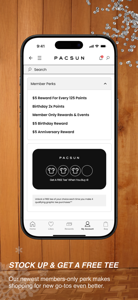 Pacsun app screen showing member rewards, loyalty points, and a buy 4 get 1 free graphic tee promotion.
