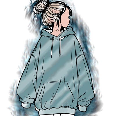 realistic girl with a oversized sweatshirt on and a bun