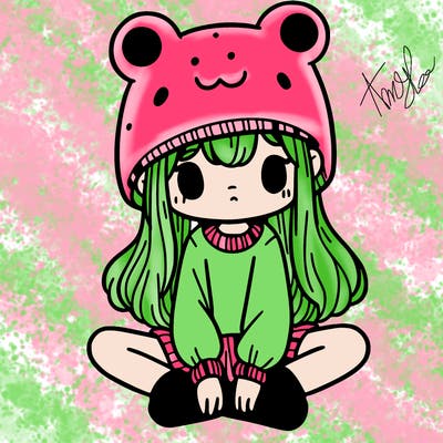 a girl wearing a frog hat and some frog socks