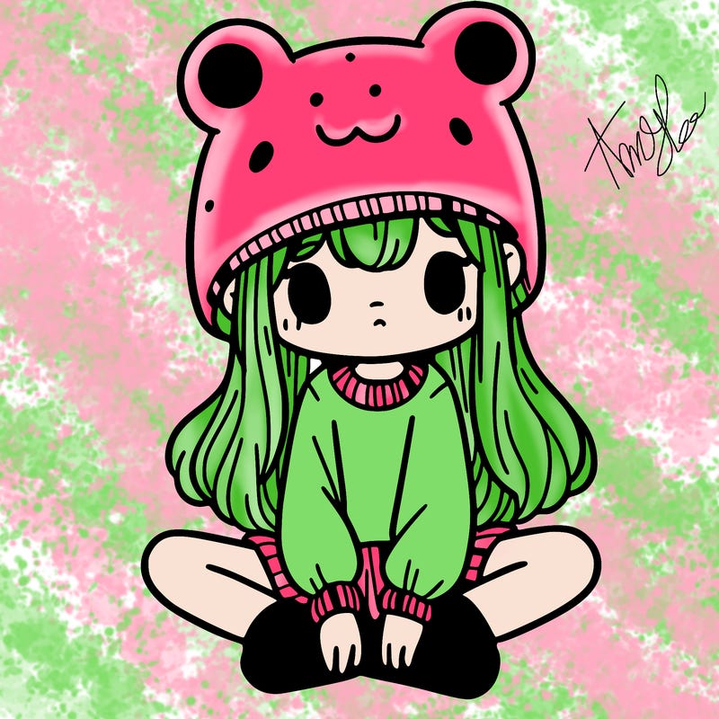 a girl wearing a frog hat and some frog socks