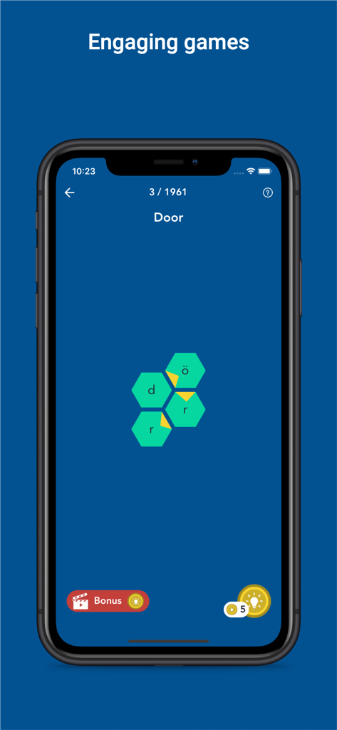 Tobo: Learn Swedish Vocabulary - Interactive word game in the Tobo Swedish app where users spell vocabulary using hexagonal letter tiles