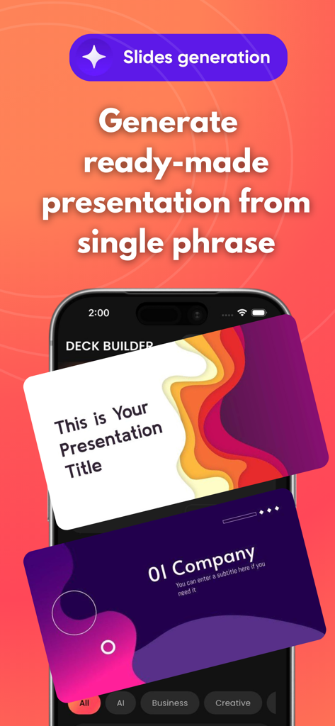 AI Slides: PPT Deck Builder - AI Slides app screen showing automated presentation generation from a single phrase with sample deck layouts