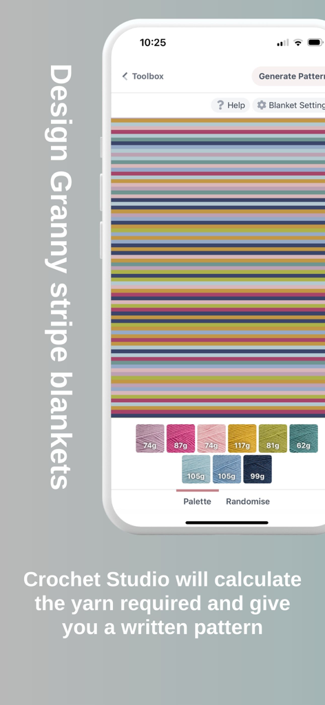 Crochet Studio app screen for designing colorful stripe blankets and calculating yarn usage