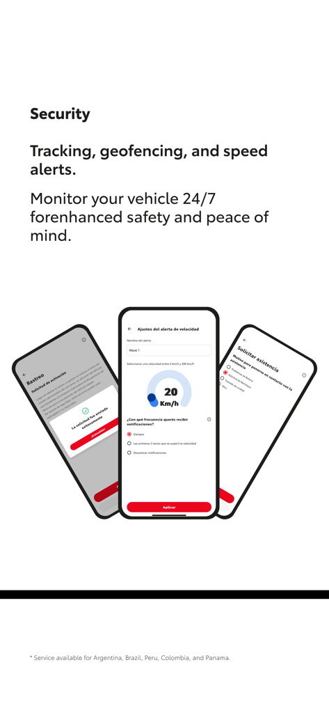 Toyota LATAM app security interface showing speed alerts and vehicle tracking