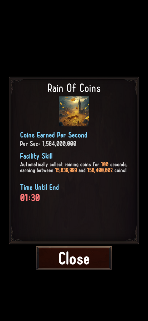 Coin Clicker - Coin Tap Game - Screenshot of the Rain of Coins facility skill menu in the Coin Clicker game showing coins earned per second and active duration.