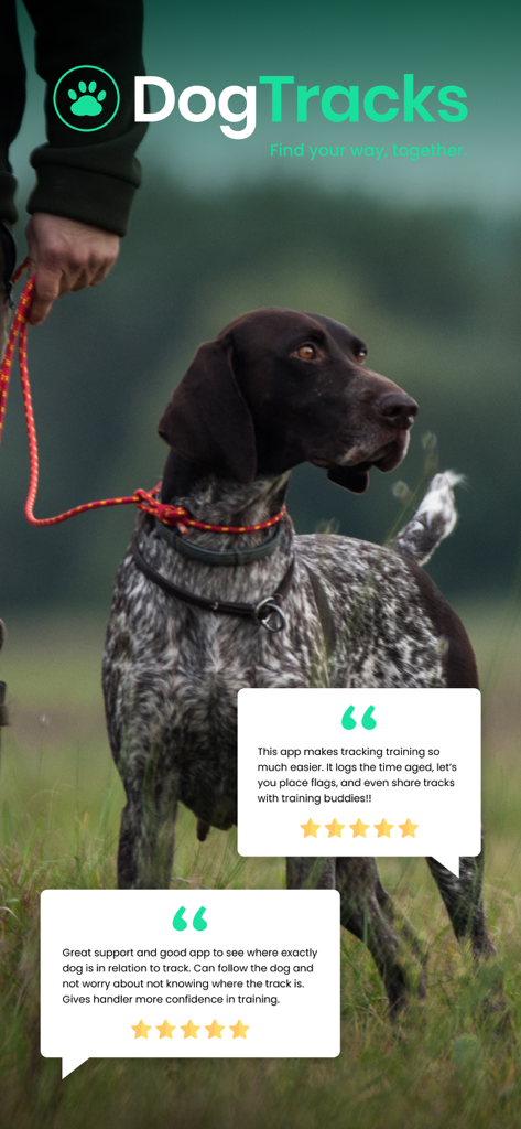 DogTrack - Promotional image for DogTracks app featuring a German Shorthaired Pointer and positive user reviews.