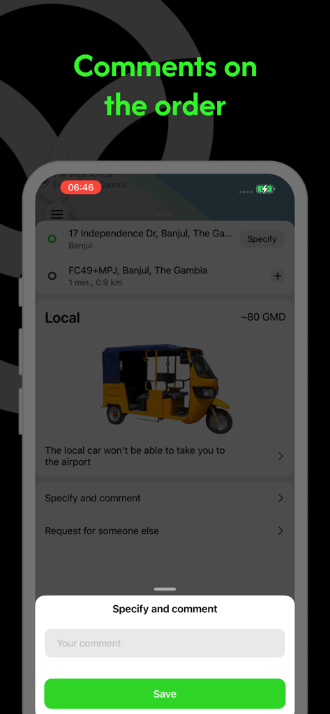 GamGlo - Interfaz de la aplicación GamGlo para añadir comentarios específicos a un pedido de taxi en Gambia