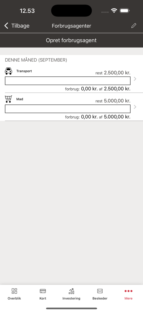 Spar Nord mobile banking app interface displaying monthly budget tracking for transport and food categories.