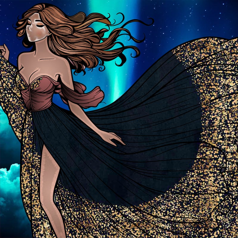 realistic woman in dress flowing the the wind