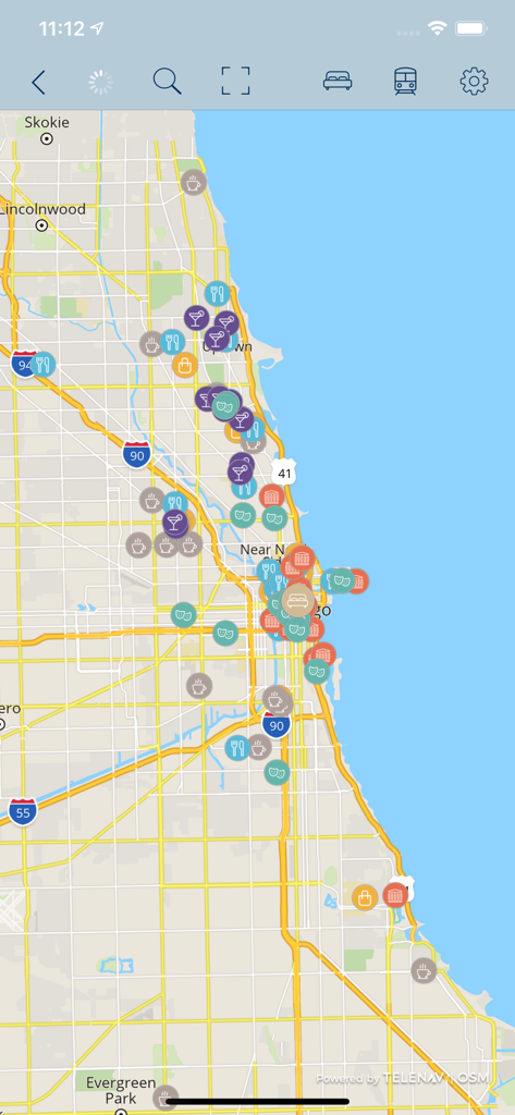 A destination map within the app showing local restaurants hotels and points of interest in Chicago