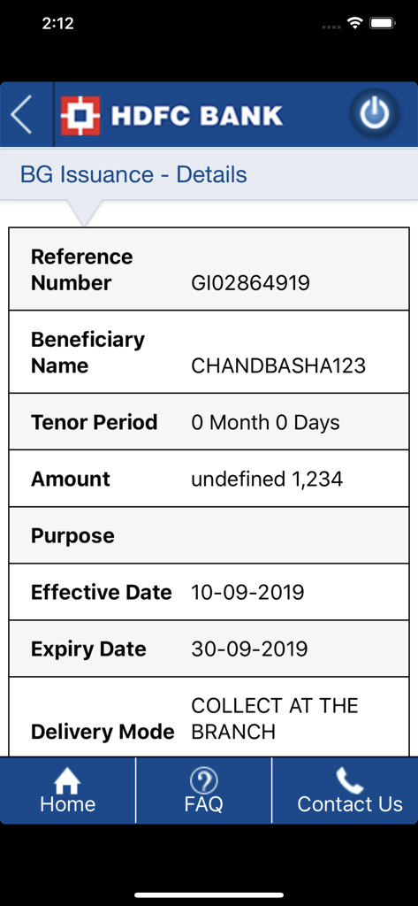 HDFC Bank Trade Finance app screen showing bank guarantee issuance details including reference number and beneficiary name