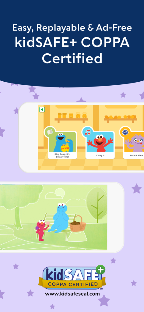 Learn with Sesame Street - Interfaz de la aplicación Aprende con Plaza Sésamo que muestra la certificación kidSAFE y COPPA con Elmo y Monstruo Comegalletas