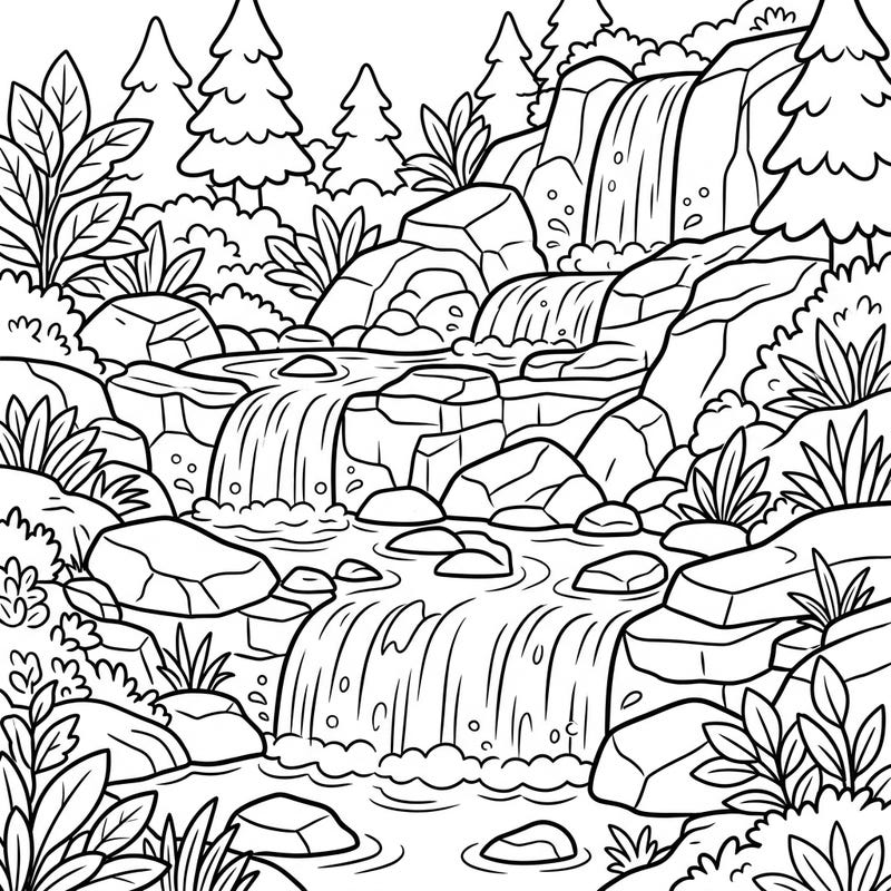 Immerse yourself in the calming beauty of nature with this exquisite tiered waterfalls coloring page. Specially designed for seniors, its large print and clear outlines make for an enjoyable and accessible artistic escape.