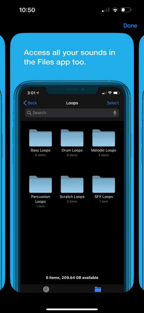 AudioCopy - AudioCopy-App zeigt organisierte Soundloop-Ordner wie Bass- und Drum-Loops im iOS-Dateimanager.