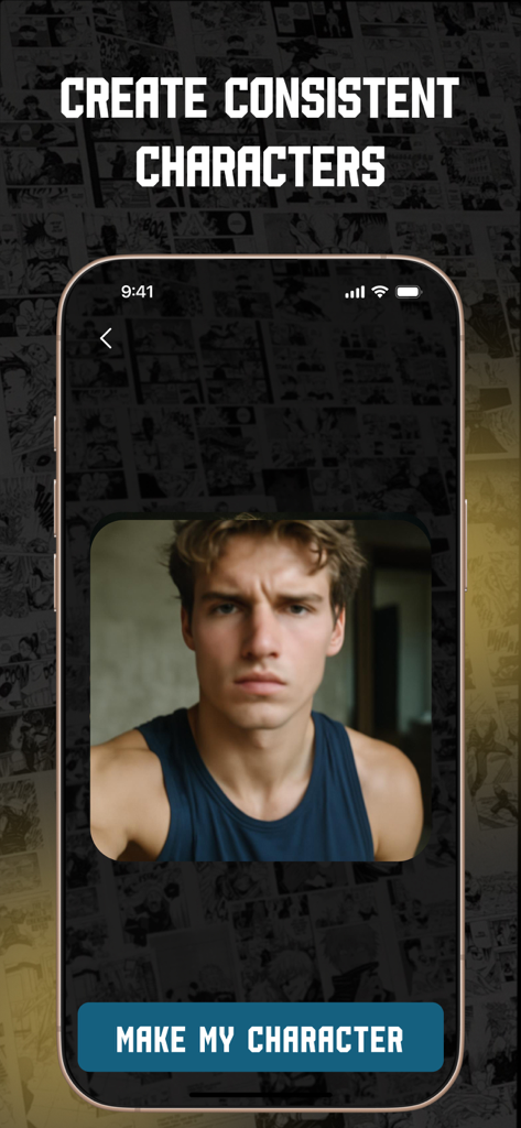 Turn Life into Manga: MangaMe - Smartphone interface showing the MangaMe app feature for creating consistent manga characters from a portrait photo