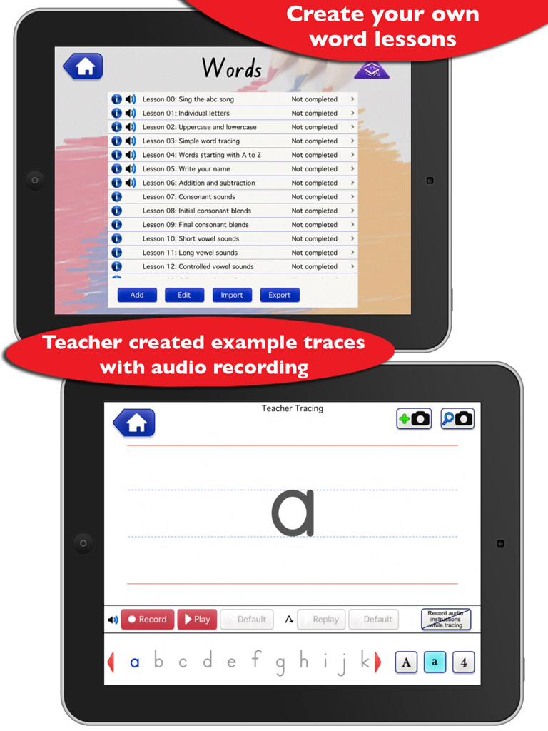 School Writing - learn the abc - Dos iPads que muestran las funciones de la aplicación School Writing para crear lecciones de palabras personalizadas y grabar trazados de escritura a mano del profesor