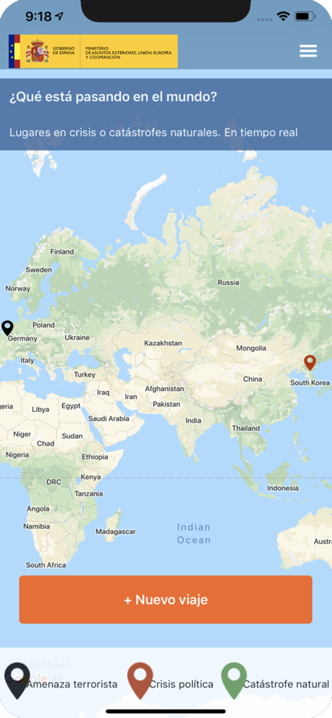 Registro de Viajeros MAUC - World map interface of the Registro de Viajeros MAUC app showing real-time security alerts and crisis locations for Spanish travelers.