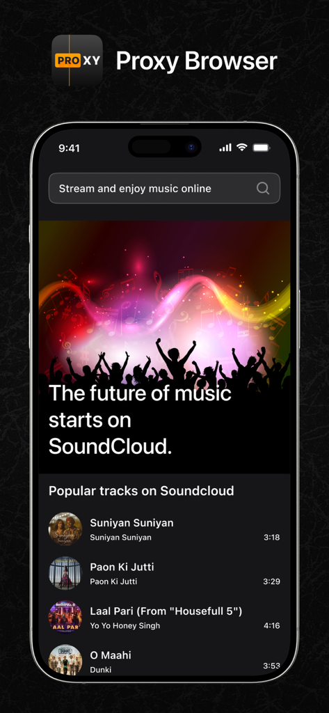 Proxy Browser app interface displaying music streaming through a private web session