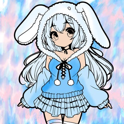 pretty anime girl wearing a fluffy hoodie with bunny ears on the hood and a skirt