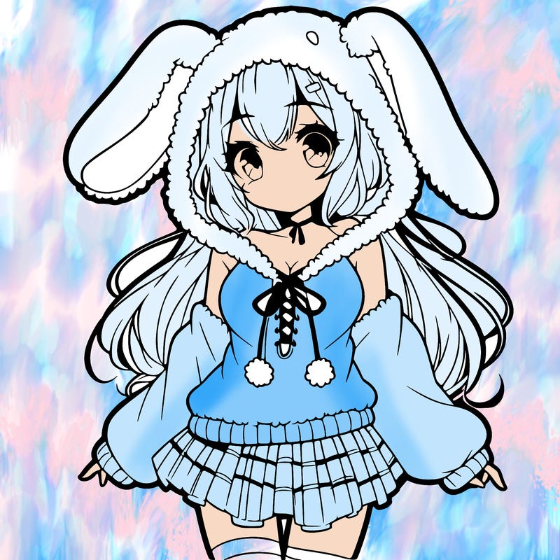 pretty anime girl wearing a fluffy hoodie with bunny ears on the hood and a skirt