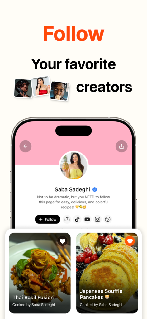 Sizzle - Discover, Shop, Cook! - Sizzle app interface showing a food creator profile page with shoppable recipe cards for Thai Basil Fusion and Japanese Souffle Pancakes.