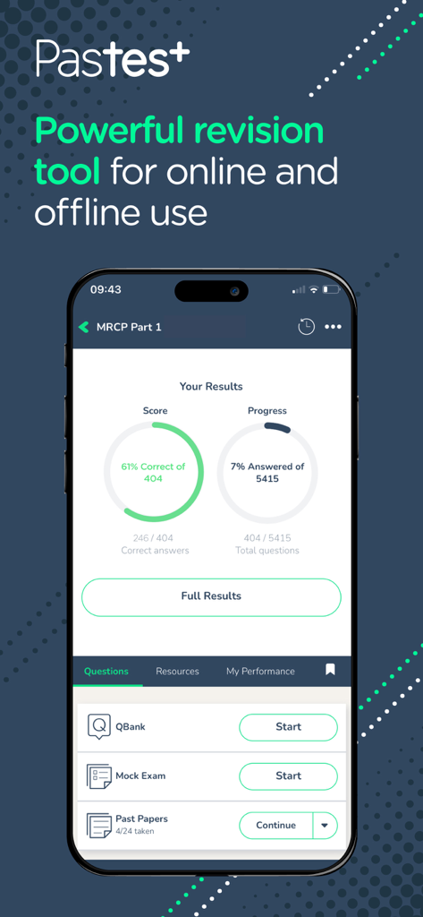 Pastest app dashboard showing MRCP Part 1 exam results and study progress