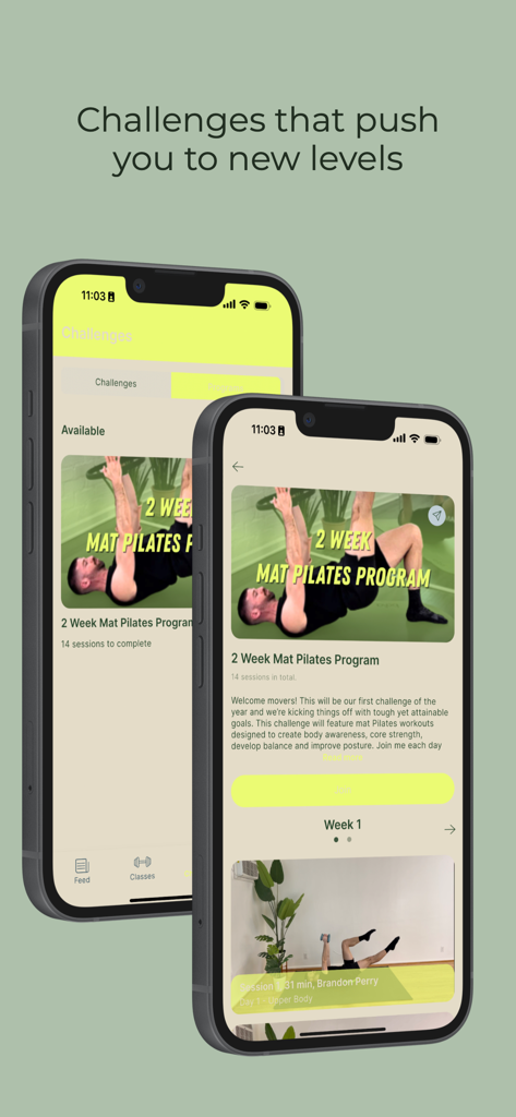BP Pilates Academy - Smartphone screens displaying the BP Pilates Academy app challenges and a two week mat pilates program