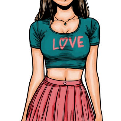 realistic girl wearing crop top and skirt