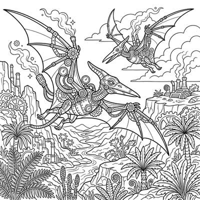 Embark on an epic coloring adventure with these magnificent steampunk pterodactyls. This unique design merges prehistoric grandeur with intricate mechanical details, offering a truly imaginative creative escape.