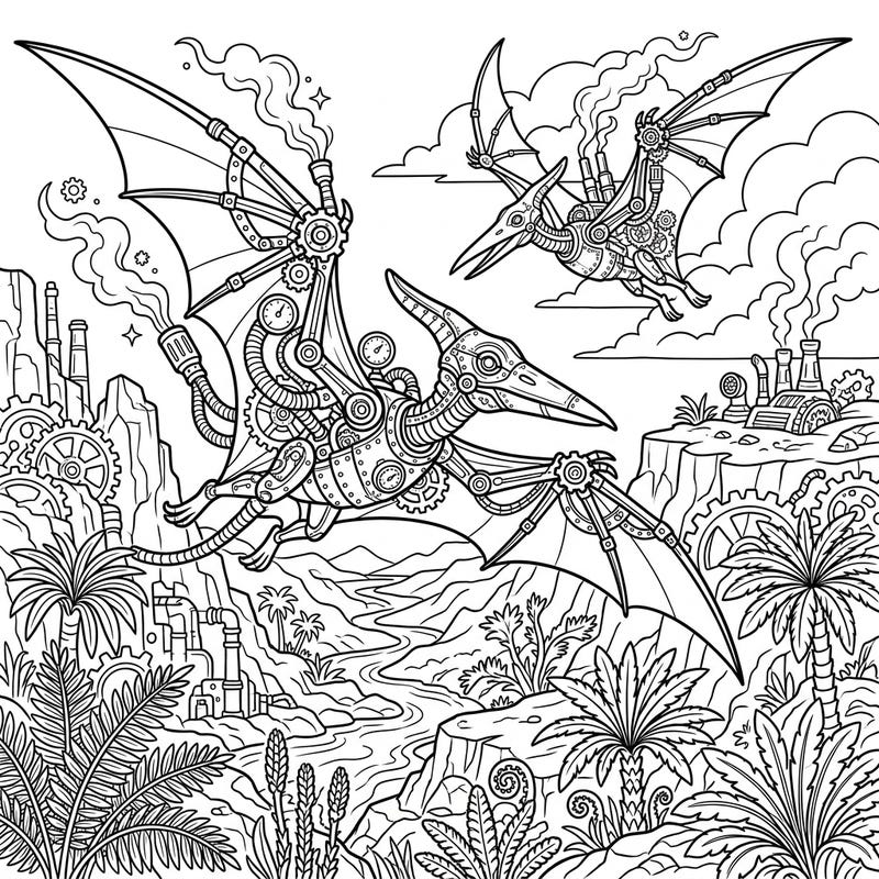 Embark on an epic coloring adventure with these magnificent steampunk pterodactyls. This unique design merges prehistoric grandeur with intricate mechanical details, offering a truly imaginative creative escape.